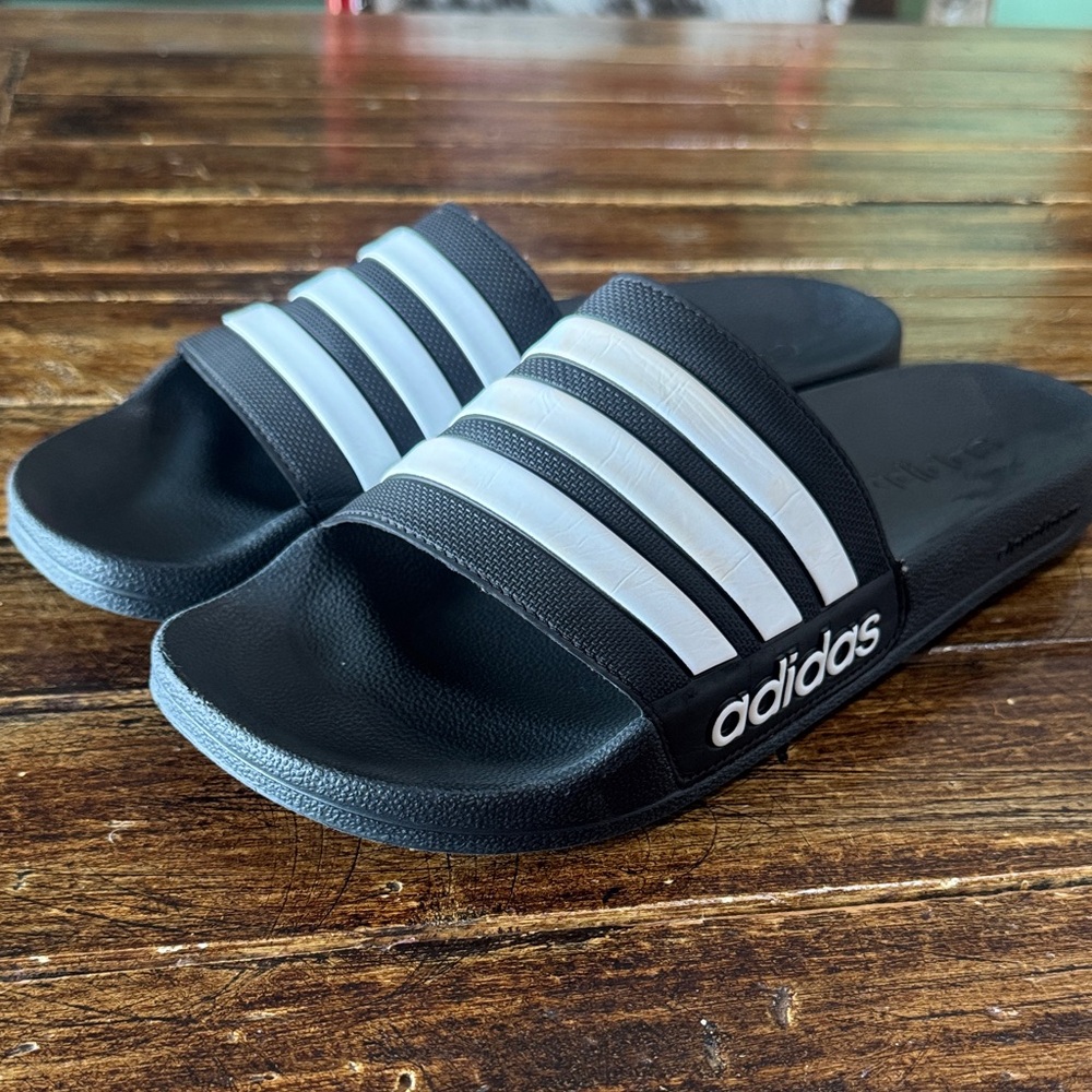 Adidas Black and White Striped Slides